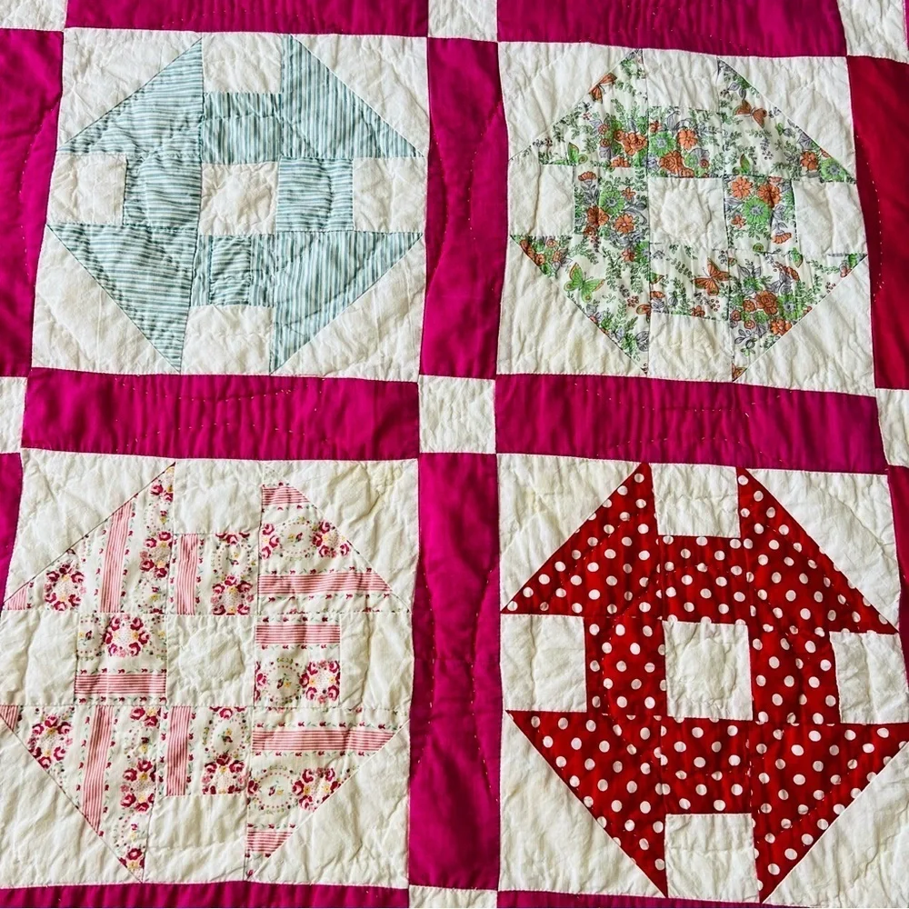 68”x86” Vintage from 1960’s Cotton Handmade and Hand Stitched Quilt.